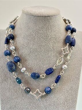 David Yurman Lapis and Pearl Double Strand Necklace